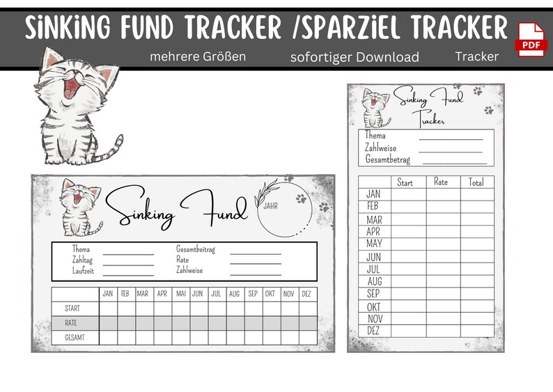 Op de afbeelding: Een printbare spaarplan-tracker met een schattige kattenillustratie. De tracker bevat secties voor het thema, het betalingsschema, het totale bedrag en een maandelijkse kalender om besparingen bij te houden.