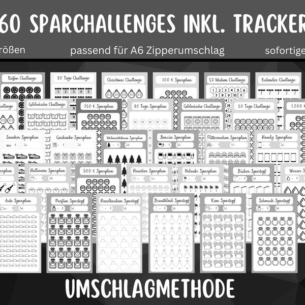 60 Sparchallenges + Tracker - schwarz weiß Passend für A6 Geldumschläge, Sparbinder, Budget Binder - Digitaler Download PDF