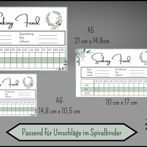 Op de afbeelding: Printbare sinking fund tracker met een bloemenontwerp. De tracker bevat secties voor thema, betalingsdatum, duur, totale bijdrage, tarief en betalingsmethode. De tracker bevat ook een kalender met maanden van het jaar en ruimte voor start, tarief en totaal.