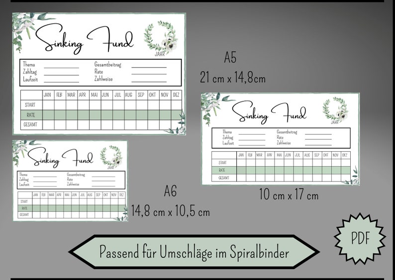 Op de afbeelding: Printbare sinking fund tracker met een bloemenontwerp. De tracker bevat secties voor thema, betalingsdatum, duur, totale bijdrage, tarief en betalingsmethode. De tracker bevat ook een kalender met maanden van het jaar en ruimte voor start, tarief en totaal.