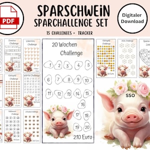 May include: A printable set of 15 piggy bank saving challenges, featuring a cute pink pig with a flower crown. The set includes a 20-week challenge tracker, a domino challenge, a Valentine's challenge, a gold coin challenge, a small change challenge, a dice challenge, a 30-day challenge, a 2024 challenge, a Halloween challenge, a birthday challenge, and a save-by-number challenge. The set is designed to help people save money and reach their financial goals.