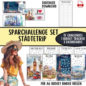 Könnte beinhalten: Ein Set mit 15 druckbaren, städtebezogenen Sparherausforderungen für einen Budgetordner. Die Herausforderungen zeigen Aquarell-Illustrationen berühmter Sehenswürdigkeiten in Städten wie London, Paris, Rom, Tokio, Moskau, Miami, New York und Wien. Der Text "Sparchallenge Set Städtetrip" befindet sich oben im Bild. Der Text "15 Challenges 1 Budget Tracker 3 Dashboards" befindet sich in der Mitte des Bildes. Der Text "Für A6 Budget Binder Hüllen" befindet sich unten im Bild.