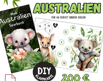 Australien Klappkarte Sparchallenge | 200 Sparziel | A6 PDF | Koala & Känguru