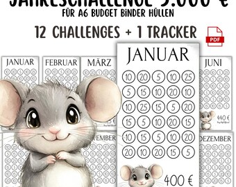 Maus Jahreschallenge | 5000 Sparziel | 12 Monate | A6 PDF | Budget Binder