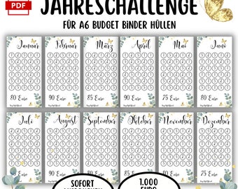 Jahreschallenge Sparchallenge Set 12 Monate Umschläge Budgetplaner A6 - Digitaler Download | Set of 12 | 2024 2023