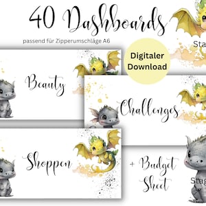 Könnte beinhalten: Digitaler Download von 40 Dashboards für A6-Reißverschlussumschläge. Das Design zeigt Aquarellillustrationen von niedlichen Drachen mit den Wörtern "Beauty", "Challenges" und "Shoppen". Enthält ein Budgetblatt.