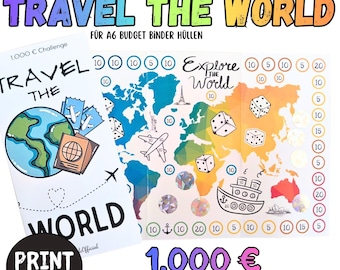 Fold-out card for the "Travel World" savings challenge: 1000 EURO, A6 print version, budget binder