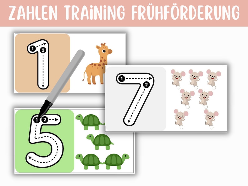 First numbers tracing early support swing exercise Tiny Book 10 cards daycare PDF writing template download preschool German numbers painting image 1
