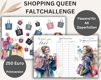 Sparchallenge Shopping Queen Faltchallenge 250 Euro sparen PRINTVERSION  passend für A6 Umschläge im Budgetbinder - Umschlagmethode Druck