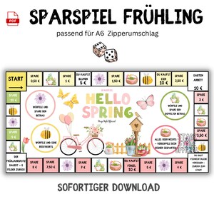 May include: A colorful spring-themed game board with the text "SPARSPIEL FRÜHLING" and "HELLO SPRING". The board features illustrations of flowers, bees, butterflies, and a pink bicycle. Includes dice and text boxes with monetary values.