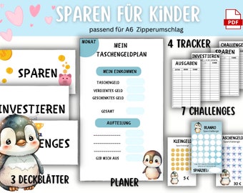 Pocket money savings challenge set children suitable for envelopes animal penguin A6 budget binders - German version - Digital download - Download