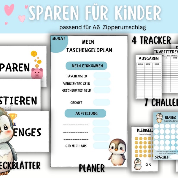 Taschengeld Sparchallenge Set Kinder passend für Umschläge Tier Pinguin A6 Budget Binders - deutsche Version - Digitaler Download -Download