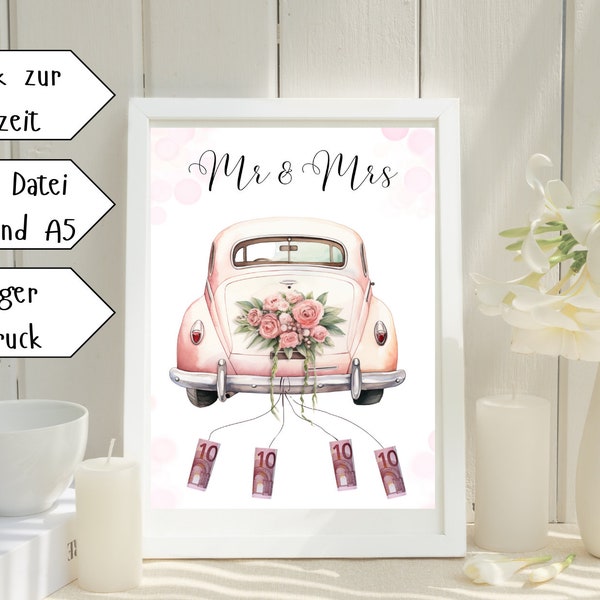 Wedding Gift Money, Wedding Poster, Last Minute Gift, Download, PDF, Just Married Car, Gift Wedding
