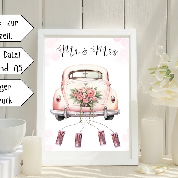 Hochzeitsgeschenk Geld, Hochzeit Poster, Last Minute Geschenk, Download, PDF, Just Married Auto, Geschenk Hochzeit