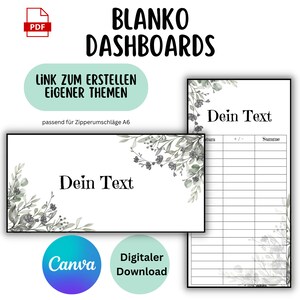 Könnte beinhalten: Eine druckbare PDF-Vorlage für ein leeres Dashboard mit einem Aquarell-Blumenmuster. Die Vorlage enthält einen Bereich für "Dein Text" (Ihr Text) und eine Tabelle mit Spalten für Datum, Plus/Minus und Summe. Die Vorlage ist für A6-Zipper-Ordner konzipiert.