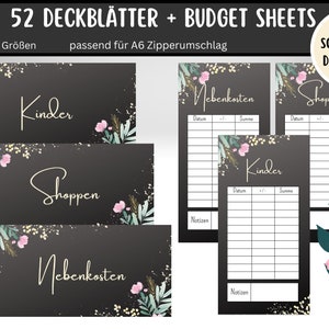 Könnte beinhalten: Ein Satz druckbarer Haushaltsbuchblätter mit Blumendesigns. Die Blätter sind mit "Kinder", "Shoppen" und "Nebenkosten" beschriftet.