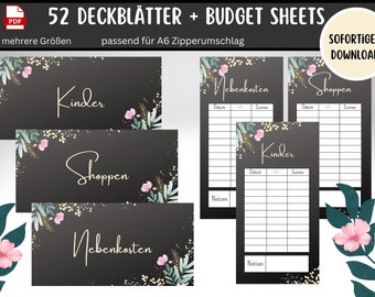 52 Dashboards (Cover Sheets) + Tracker "Flower Black" for A6 Envelopes Envelope Method in Budget Binder | Digital PDF download