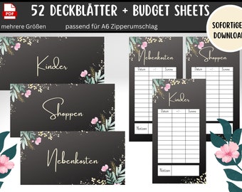 52 Dashboards (Deckblätter) + Tracker "Blume schwarz" für A6 Umschläge Umschlagmethode im Budget Binder | Digitaler PDF Download