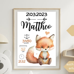 GEBURTSTAFEL Fuchs Waldtiere | Geburtsdaten Poster | Geburtsposter | Geburtsanzeige | Geburtsbild | personalisiertes Geschenk Geburt