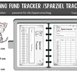 Op de afbeelding: Een grijze en witte printbare tracker voor een spaarpot of spaardoel. De tracker heeft een kattenillustratie en de tekst "Sinking Fund Tracker/Sparziel Tracker". De tracker is verkrijgbaar in drie formaten: 8 x 16 cm, 10 x 17 cm en 8 x 14 cm.