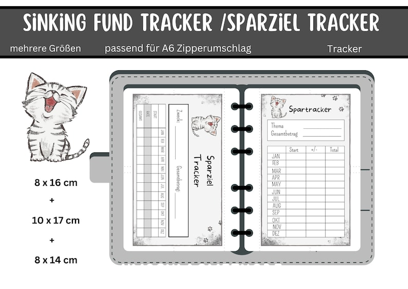 Op de afbeelding: Een grijze en witte printbare tracker voor een spaarpot of spaardoel. De tracker heeft een kattenillustratie en de tekst "Sinking Fund Tracker/Sparziel Tracker". De tracker is verkrijgbaar in drie formaten: 8 x 16 cm, 10 x 17 cm en 8 x 14 cm.
