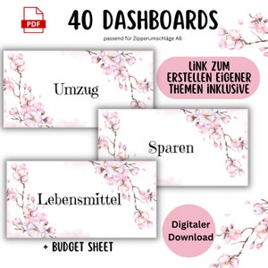 40 ダッシュボード (カバー シート) 「チェリー ブロッサム」とキャッシュ バインダー封筒にフィットする予算シート トラッカー - デジタル ダウンロード