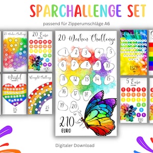 May include: A set of printable charts for a savings challenge. The charts feature a rainbow color scheme and a butterfly design. The charts are labeled with different denominations of Euros, including 1 Euro, 2 Euros, 5 Euros, 10 Euros, 20 Euros, and a 20-week challenge. The text "SPARCHALLENGE SET" is at the top of the image.