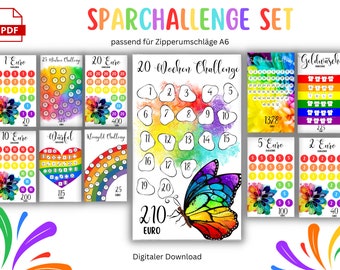 Sparchallenge Set Rainbow PDF suitable for A6 envelopes in Sparbinder - German version - Digital download Unicorn envelope method