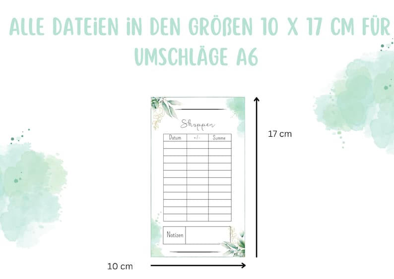 Puede incluir: Una plantilla de lista de la compra imprimible con un fondo de acuarela verde. La plantilla mide 10 cm por 17 cm e incluye secciones para la fecha, los art&iacute;culos, el precio y el total. Tambi&eacute;n hay una secci&oacute;n para notas.