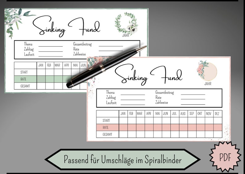 Op de afbeelding: Twee printbare sinking fund trackers met bloemmotieven. De bovenste tracker heeft een groene achtergrond en de onderste tracker heeft een roze achtergrond. Beide trackers hebben ruimte om het jaar, het thema, het totale bedrag, het tarief en het betalingsschema in te vullen. De tekst "Passend f&uuml;r Umschl&auml;ge im Spiralbinder" staat onderaan de afbeelding.