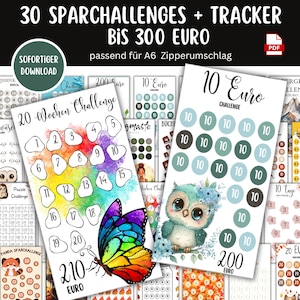 30 Sparchallenge Set bis 300 Euro Tracker Sparspiel Sparchallenge Umschlagmethode Budgetbinder Sparbinder Budget Digitaler Download PDF