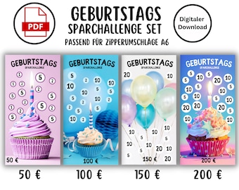 Savings Challenge Set Birthday including Tracker Set PDF A6 Envelopes Savings Binder - Party Digital Download Envelope Method Holiday