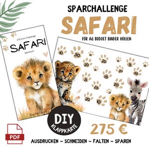 DIY &quot;Safari&quot; savings challenge folding card – save 275 EUR | A6 PDF download, digital savings game with animal motif | Budget binder template