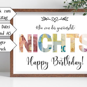 Birthday Gift Nothing Money, Birthday Poster, Last Minute Gift, Download, PDF, Happy Birthday, Gift Money