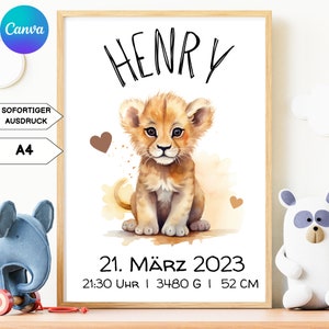 BIRTHPLATE animales del bosque de leones digitales | Cartel de fechas de nacimiento | Cartel de nacimiento | Anuncio de nacimiento | Foto de nacimiento | regalo de nacimiento personalizado