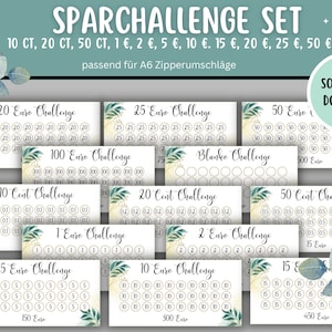Sparchallenge Set 1, 2, 5, 10, 20, 50 Euro + Blanko Vorlage + Spar Tracker | Passend für A6 Geldumschläge, A6 Budgetbinder | PDF Download