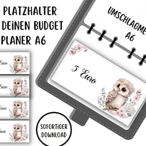 Könnte beinhalten: Zwölf druckbare Budgetplaner-Umschläge mit einem niedlichen Eulen-Design mit rosa Blumen. Die Umschläge sind mit verschiedenen Geldbeträgen in Euro beschriftet: 500, 250, 150 und 20. Der Text "UMSCHLAGMETHODE A6" ist in der oberen rechten Ecke des Bildes sichtbar. Der Text "SOFORTIGER DOWNLOAD" ist in der unteren linken Ecke des Bildes sichtbar. Der Text "PDF" ist in der unteren rechten Ecke des Bildes sichtbar.