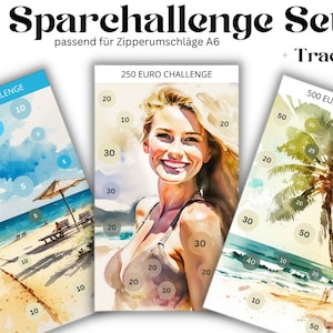 May include: Three watercolor-style cards with beach scenes and numbers on them. The cards are labeled "100 Euro Challenge", "250 Euro Challenge", and "500 Euro Challenge". The text "Sparchallenge Set + Tracker" is at the top of the image.