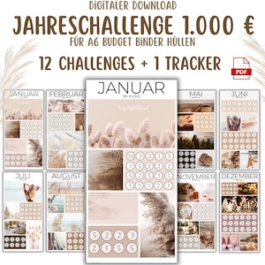 Könnte beinhalten: Eine druckbare Budget-Binder-Herausforderung für das Jahr. Das Bild zeigt 12 Monatsseiten mit einem beige-braunen Farbschema. Jeder Monat hat eine Collage von Bildern mit einem Kalender und Zahlen für eine Herausforderung. Der Text auf dem Bild lautet "JAHRESCHALLENGE 1.000 € FÜR A6 BUDGET BINDER HÜLLEN 12 CHALLENGES + 1 TRACKER JANUAR 90 EURO".