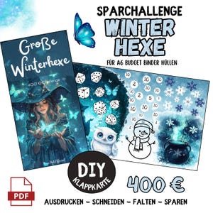 Desafío de ahorro de brujas de invierno – Tarjeta plegable A6 | Reto de plegado de 400 EUR | Descarga digital PDF | Juego de ahorro 2025 | Para planificadores de presupuesto y sobres