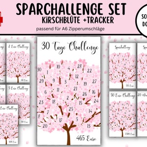 Puede incluir: Un conjunto de 10 rastreadores de desafíos de ahorro imprimibles con temática de flores de cerezo. Cada rastreador presenta un cerezo en flor rosa con números en las flores. Los rastreadores incluyen desafíos para ahorrar 1, 2, 5, 10, 20, 50 y 100 euros. El conjunto también incluye un rastreador de desafíos de 30 días con un objetivo de ahorro total de 465 euros.