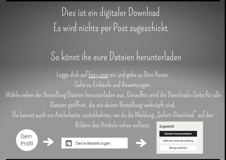 Op de afbeelding: Een screenshot van een website met instructies over het downloaden van digitale bestanden die op Etsy zijn gekocht. De tekst luidt: "Dit is een digitaal bestand. Het wordt niet per post verzonden. Je kunt je bestanden downloaden door in te loggen op je Etsy-account, naar Aankopen en Beoordelingen te gaan en op de downloadknop naast de bestelling te klikken."