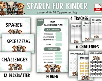 Pocket money savings challenge safari set children suitable for envelopes A6 budget binders - German version - digital download - PDF download