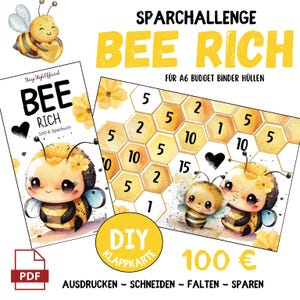 Könnte beinhalten: Eine Illustration zum Thema Bienen-Budgetplaner. Das Design umfasst den Titel "Bee Rich", eine Sparübersicht in Form einer Honigwabe und niedliche Bienenfiguren. Der Text enthält "DIY" und "PDF".
