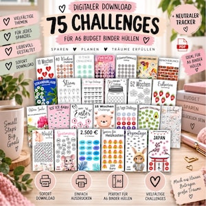 May include: A digital download set of 75 savings challenge cards designed for A6 budget binders. The collection features various themes including seasonal, animal, and goal-oriented trackers with numerical circles for marking progress toward financial targets.