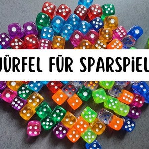 Würfel für Sparpiele, kleine Würfel, Bunt, gelb, lila, rosa, rot, Budgetbinder Umschlagmethode Budgetbinder, Sparspiel