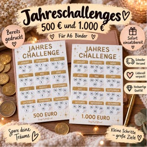 Könnte beinhalten: Zwei rechteckige Spar-Challenge-Karten aus Papier für A6-Ordner mit goldfarbenen Überschriften und Monatsrastern, die Kreise mit Zahlenwerten enthalten. Die linke Karte ist mit 500 EURO und die rechte Karte mit 1000 EURO beschriftet.
