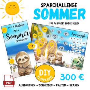 3-fold Summer Savings Challenge Card Set – Otter, Sloth, Turtle | 300 EUR Savings Value | A6 Folding Cards as PDF Download | Cute Savings Templates