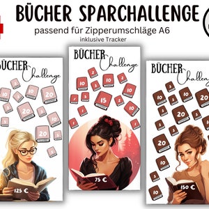 Könnte beinhalten: Drei druckbare Buch-Challenge-Tracker mit Illustrationen von Frauen, die lesen. Jeder Tracker hat ein anderes Preis-Ziel: 125 €, 75 € und 150 €. Die Tracker sind für A6-Zipperumschläge konzipiert.