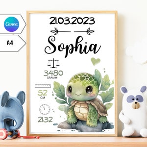 BIRTHPLATE tortugas animales del bosque digital | Cartel de fechas de nacimiento cartel de nacimiento anuncio de nacimiento imagen de nacimiento | regalo de nacimiento personalizado